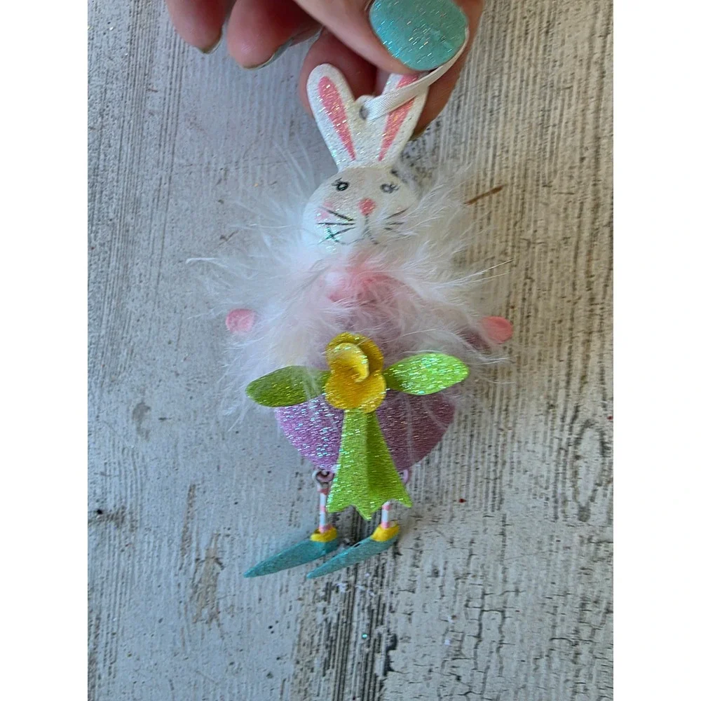 Vintage Pier 1 Easter glitter bunny metal ornament rabbit spring flower decor